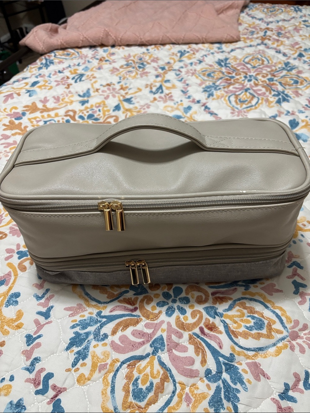 Beige Two-Tier Travel Cosmetic Bag with Handle